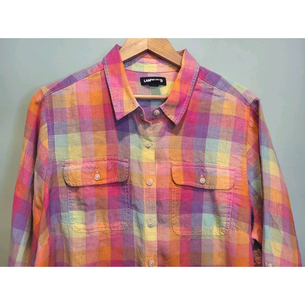 Lands End Linen Colorful Pastel Long Roll Tab Sleeve Button Up Shirt Pocket 1X - Picture 2 of 8